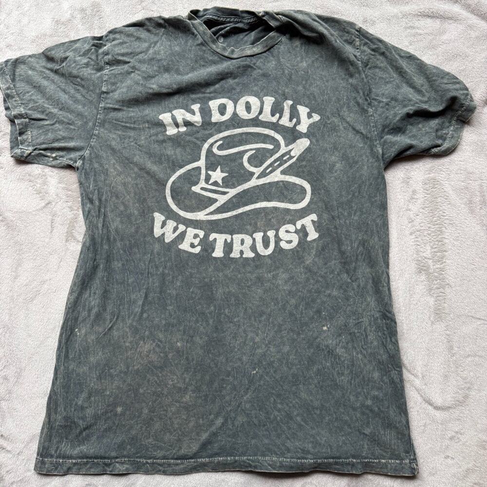 In Dolly We Trust Shirt Large Gray Cowgirl Cowboy Hat Star Lotus Fashion LA